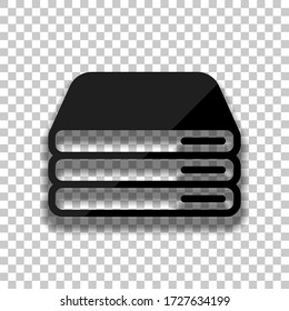 Database server, backup data, computer network, cloud hardware. Black glass icon with soft shadow on transparent background