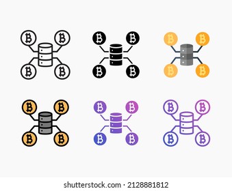 Database server bitcoin icon set with line, outline, flat, filled, glyph, color, gradient. Editable stroke and pixel perfect. Can be used for digital product, presentation, print design and more.