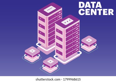 database server center vector flat isometric design room 