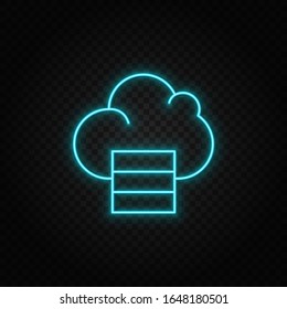 Database, server, cloud computing. Blue neon vector icon. Transparent background
