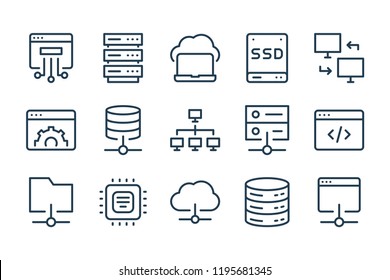 Iconos de línea de servicio de base de datos, servidor y nube. Conjunto de iconos lineales vectoriales de red y tecnología.