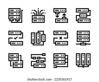 Database, Server connection and Data transfer line vector icons. Hosting equipment, File network and Storage editable stroke outline icon set.