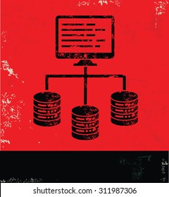 Database server design on red background, grunge vector