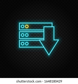 Database, server, down. Blue neon vector icon. Transparent background