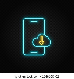 Database, server, download. Blue neon vector icon. Transparent background