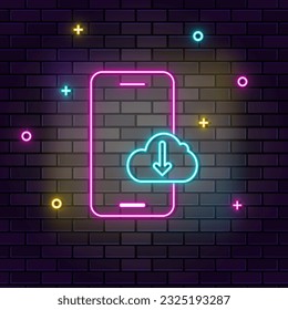 Database, server, download, neon on brick dark wall
