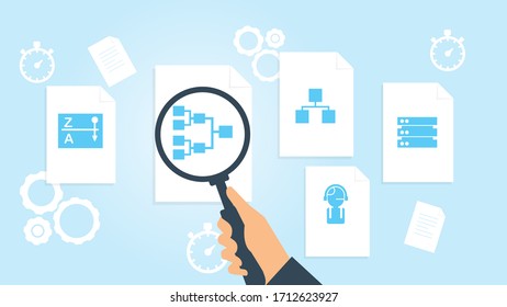 Database, server file, document research vector illustration. Document with search icons. File and magnifying glass. Analytics research sign. Vector Illustration