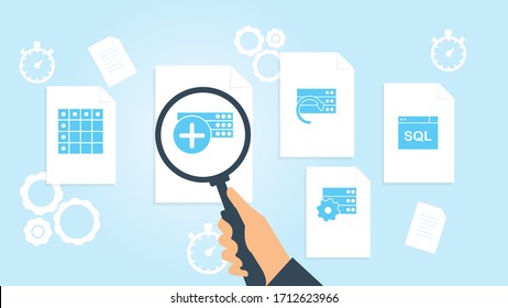 Database, server file, document research vector illustration. Document with search icons. File and magnifying glass. Analytics research sign. Vector Illustration