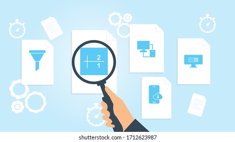 Database, server file, document research vector illustration. Document with search icons. File and magnifying glass. Analytics research sign. Vector Illustration
