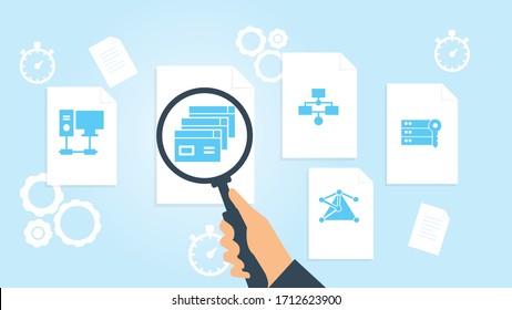 Database, server, key file, document research vector illustration. Document with search icons. File and magnifying glass. Analytics research sign. Vector Illustration