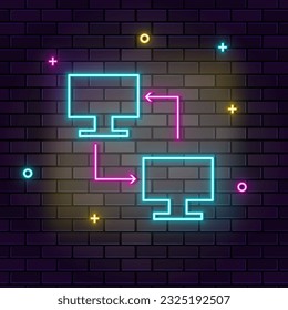 Database, server, land, neon on brick dark wall