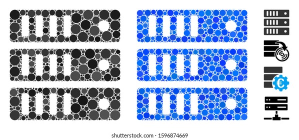 Database server mosaic of filled circles in different sizes and shades, based on database server icon. Vector filled circles are organized into blue collage.