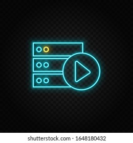 Database, server, play. Blue neon vector icon. Transparent background