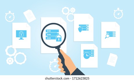 Database, server, search file, document research vector illustration. Document with search icons. File and magnifying glass. Analytics research sign. Vector Illustration