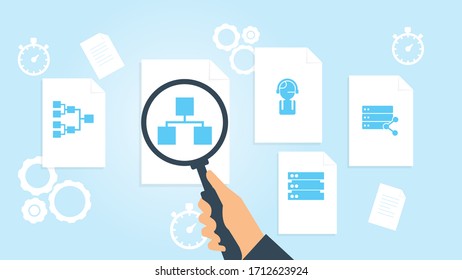 Database, server, share file, document research vector illustration. Document with search icons. File and magnifying glass. Analytics research sign. Vector Illustration