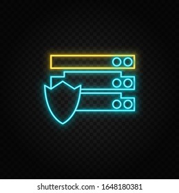 Database, server, shield. Blue neon vector icon. Transparent background