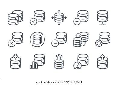 Database and Server Storage related line icon set. Server and Backup vector linear icons. Hosting and web storage icons on white background.