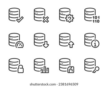 Vektorgrafik von Datenbank und Server. Rahmensymbol für Online-Speicherung und Rechenzentren Zugriff, Programmierung, Leistung, Konfiguration, Statistik, Passwort und mehr.