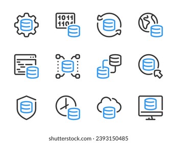 Database and Server vector line icons. Online Storage and Data Center outline icon set. System Configuration, Coding, Network, Protection, Backup, Programming and more.