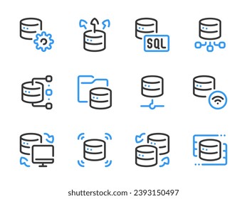 Database and Server vector line icons. Online Storage and Data Center outline icon set. File Management, Data Transfer, Network Connection, Configuration, Infrastructure and more.