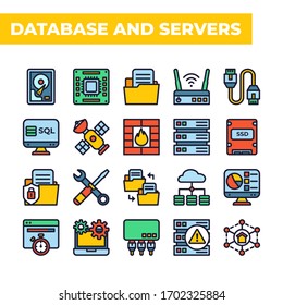 Database and servers icon pack, line filled color style