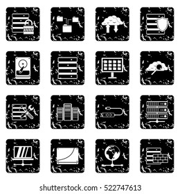 Database set icons in grunge style isolated on white background. Vector illustration