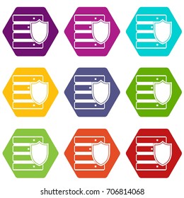 Database with shield icon set many color hexahedron isolated on white vector illustration