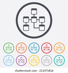 Database sign icon. Relational database schema symbol. Round circle buttons with frame. Vector