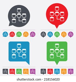 Database sign icon. Relational database schema symbol. Speech bubbles information icons. 24 colored buttons. Vector