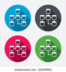 Database sign icon. Relational database schema symbol. Circle buttons with long shadow. 4 icons set. Vector
