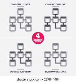 Database sign icon. Relational database schema symbol. Diagonal and horizontal lines, classic outline, dotted texture. Pattern design icons.  Vector