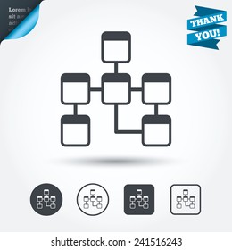 Database sign icon. Relational database schema symbol. Circle and square buttons. Flat design set. Thank you ribbon. Vector