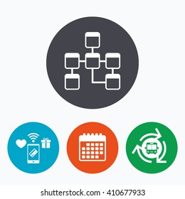 Database sign icon. Relational database schema symbol. Mobile payments, calendar and wifi icons. Bus shuttle.