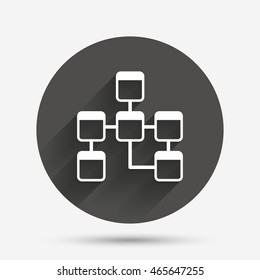 Database sign icon. Relational database schema symbol. Circle flat button with shadow. Vector