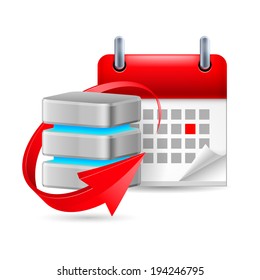 Database sign with update symbol and calendar with marked day