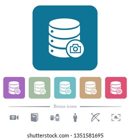 Database snapshot white flat icons on color rounded square backgrounds. 6 bonus icons included