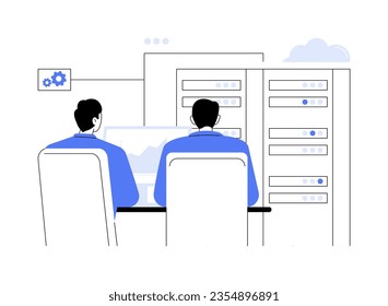 Database software abstract concept vector illustration. People sit at table with laptop and work with database files, professional software on computer screen, IT technology abstract metaphor.