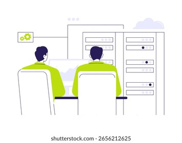 Ilustração do vetor do conceito abstrato do software de banco de dados. As pessoas sentam-se à mesa com laptop e trabalham com arquivos de banco de dados, software profissional na tela do computador, metáfora abstrata da tecnologia de TI.