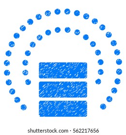 Database Sphere Shield grainy textured icon for overlay watermark stamps. Flat symbol with dirty texture. Dotted vector blue ink rubber seal stamp with grunge design. Designed with round dots.