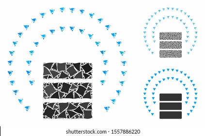 Database sphere shield mosaic of tremulant elements in variable sizes and shades, based on database sphere shield icon. Vector unequal elements are united into composition.