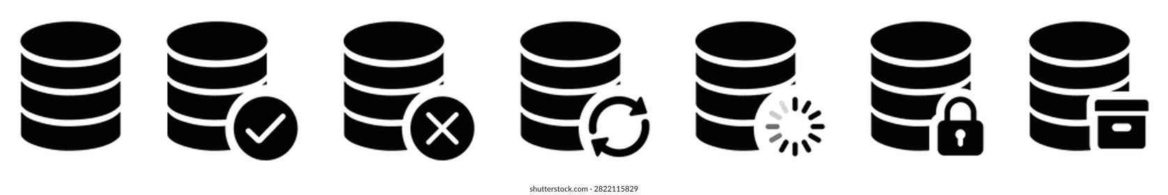 Database state UI icon set with empty, verified, error, sync, loading, locked and archived symbols. Editable solid vector collection for data management, cloud storage, backend systems, dashboards, web and mobile applications.