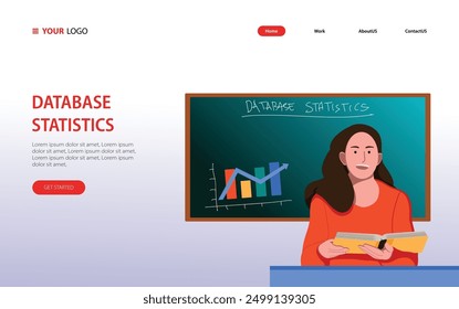 Database Statistics es una ilustración de una niña haciendo presentación de estadísticas de base de datos en diseño plano. La idea de hacer un diseño plano con varios iconos. Es bueno para el diseño del Web, el fondo, etc.