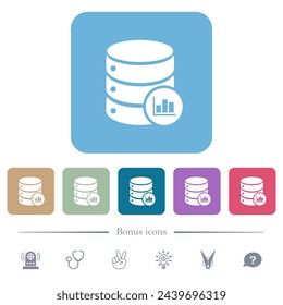 Database statistics solid white flat icons on color rounded square backgrounds. 6 bonus icons included