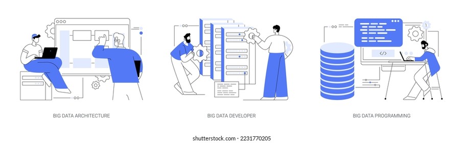 Database storage abstract concept vector illustration set. Big data architecture developer, programming language, data science tools, software development, information visualization abstract metaphor.