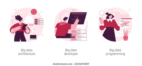 Database storage abstract concept vector illustration set. Big data architecture developer, programming language, data science tools, software development, information visualization abstract metaphor.