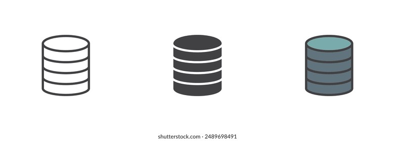 Conjunto de iconos de estilo diferente de almacenamiento de base de datos. Línea, glifo y contorno relleno versión colorida, contorno y Vector relleno signo. Símbolo de almacenamiento de datos, ilustración de logotipo. Vector gráfico