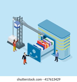 Database storage flat 3d vector illustration. Crane lowers a folder to the archive
