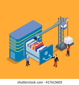 Database storage flat 3d vector illustration. Crane lowers a folder to the archive
