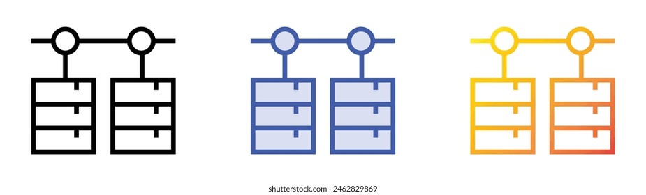 Symbol für Datenbankspeicher. Lineares, blaues Füllungs- und Verlaufsstil-Design auf weißem Hintergrund