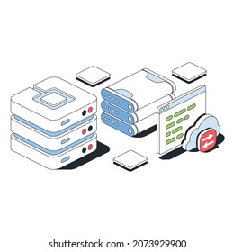 Database Storage Server, Text Box, Cloud Technology. Vector 3d Sketch Line Isometric Style, Color Icon Illustration. Creative Design Idea And Infographics Elements.